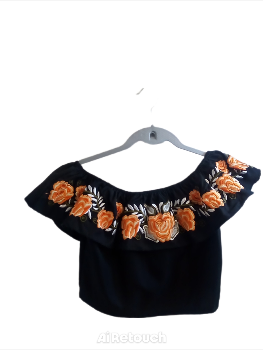 SHEIN Black Off-Shoulder Crop Top with Orange Floral Embroidery